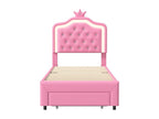 Upholstered bed 90x200 cm with 1 drawer and Homzoraères LED lighting - crown pattern - Homzora slatted base - Pink