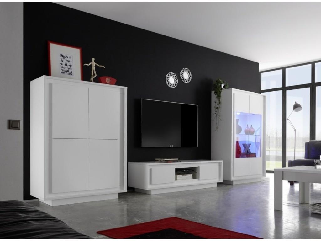 Homzora 2-door LED display cabinet in glossy white lacquered wood, 106cm wide