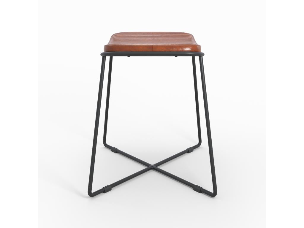 Brown leather stool with black metal legs - Homzora
