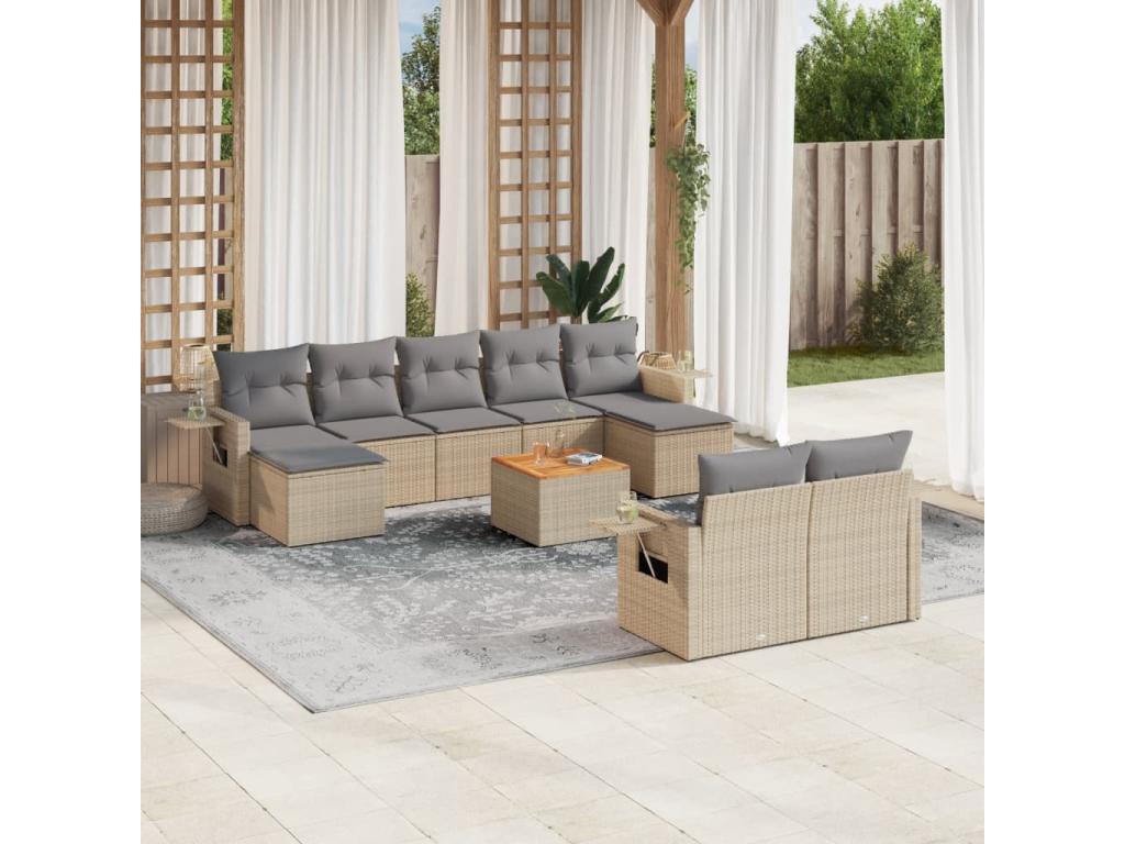 Garden furniture and cushions, 10 pcs, méHomzora beige woven resin