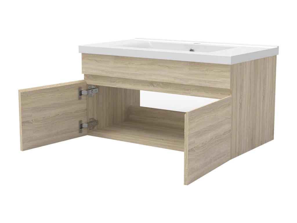 Vanity unit set, 80cm wide, with pedestal sink, LED lighting, and 80cm round mirror, oak finish.