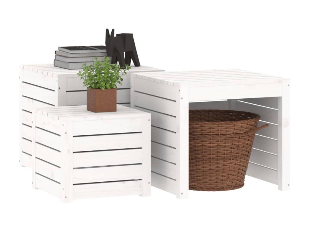 Set of 3 garden storage boxes, white, solid pine wood