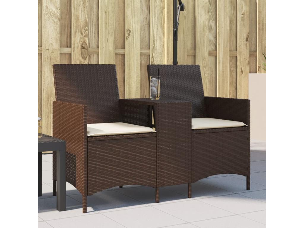 Two-seater garden sofa with table and cushions, made of woven resin