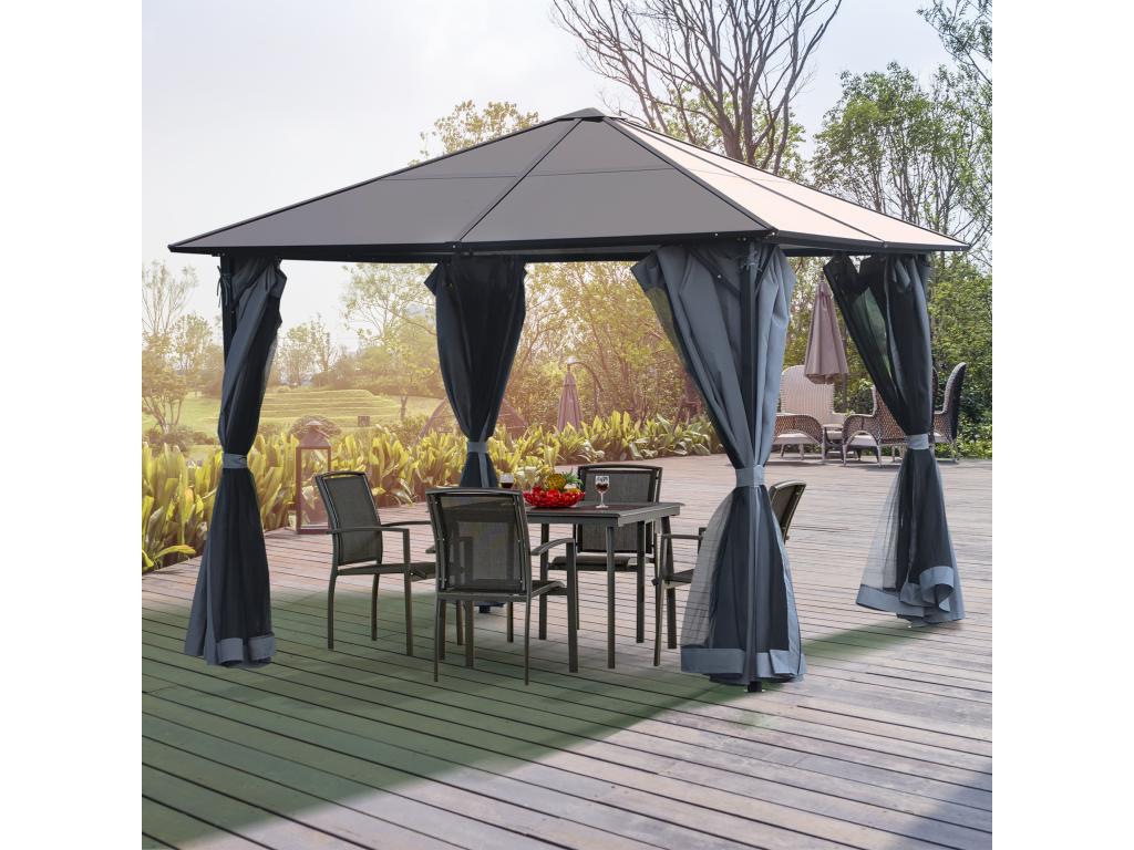Garden pavilion, rigid pergola, dimensions: 4m (L) x 3m (W) x 2.65m (H), 4 grey UV-resistant side panels, 4 zipped mosquito nets, aluminum-metal frame, black and brown polycarbonate
