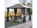 Garden pavilion, rigid pergola, dimensions: 4m (L) x 3m (W) x 2.65m (H), 4 grey UV-resistant side panels, 4 zipped mosquito nets, aluminum-metal frame, black and brown polycarbonate