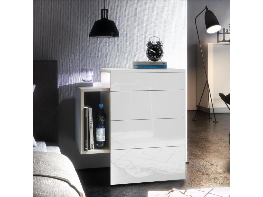 White Matte Bedside Table with Lacquered Fronts, WxHxD 60x63x38 cm, LED