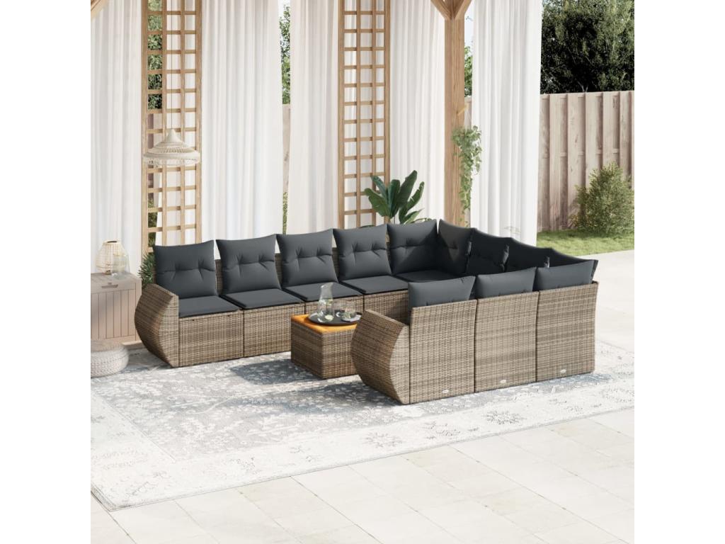 11-piece garden furniture set with grey resin wicker cushions