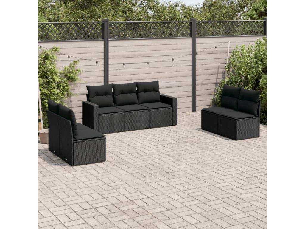 7-piece garden furniture set with cushions, black woven resin
