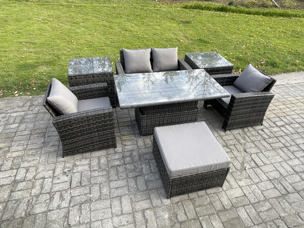 Homzora Rattan Garden Furniture Set with 2 Side Tables, Dark Grey