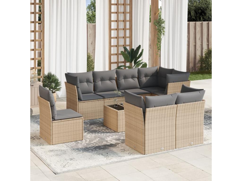 9-piece garden furniture set with cushions, beige woven resin