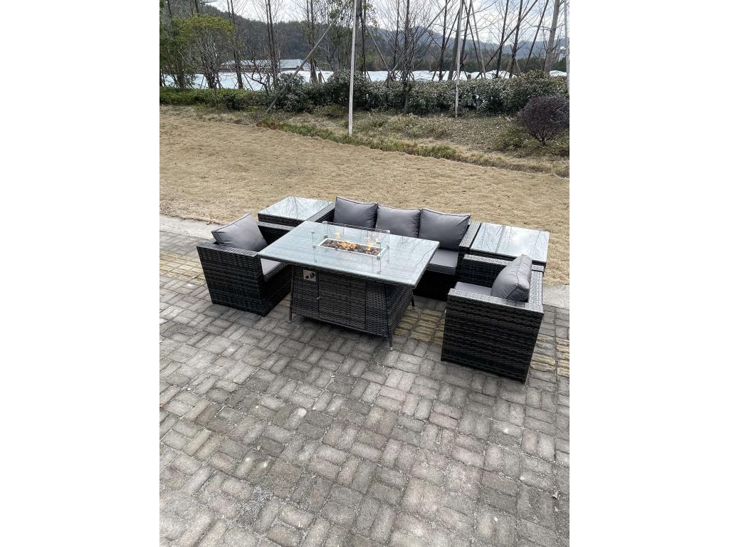 5-Seater Rattan Garden Furniture Set with Gas Fire Pit Table, Sofa, 2 Chairs, 2 Side Tables, MéHomzora Dark Grey