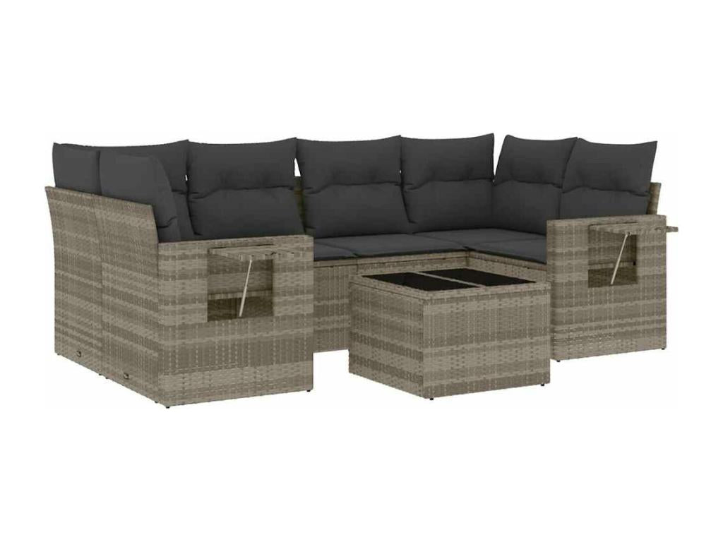 7-piece garden furniture set with cushions, light grey woven resin
