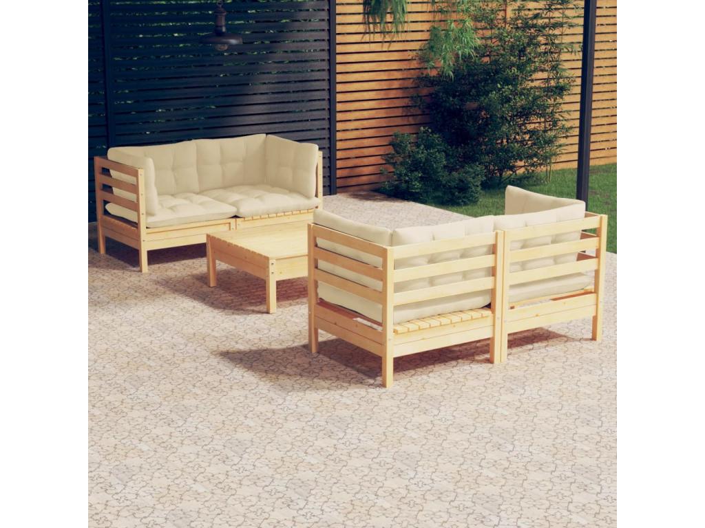 5-piece garden furniture set with cream cushions, pine wood