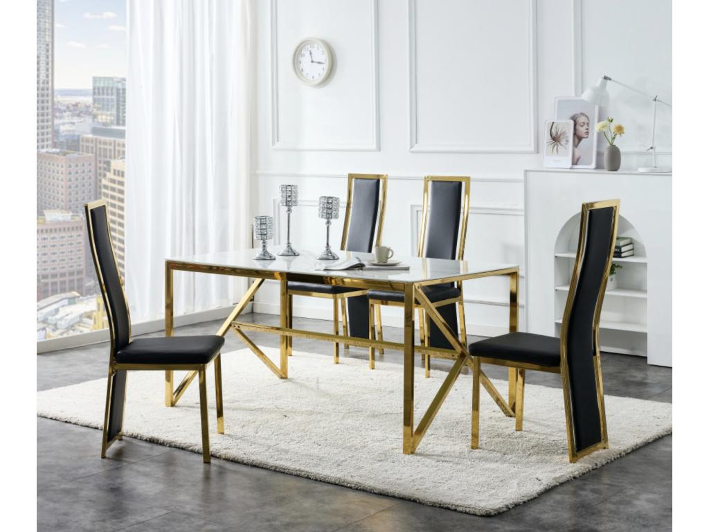 Homzora designer chairs in faux leather and gold-tone steel - Set of 6 - Black