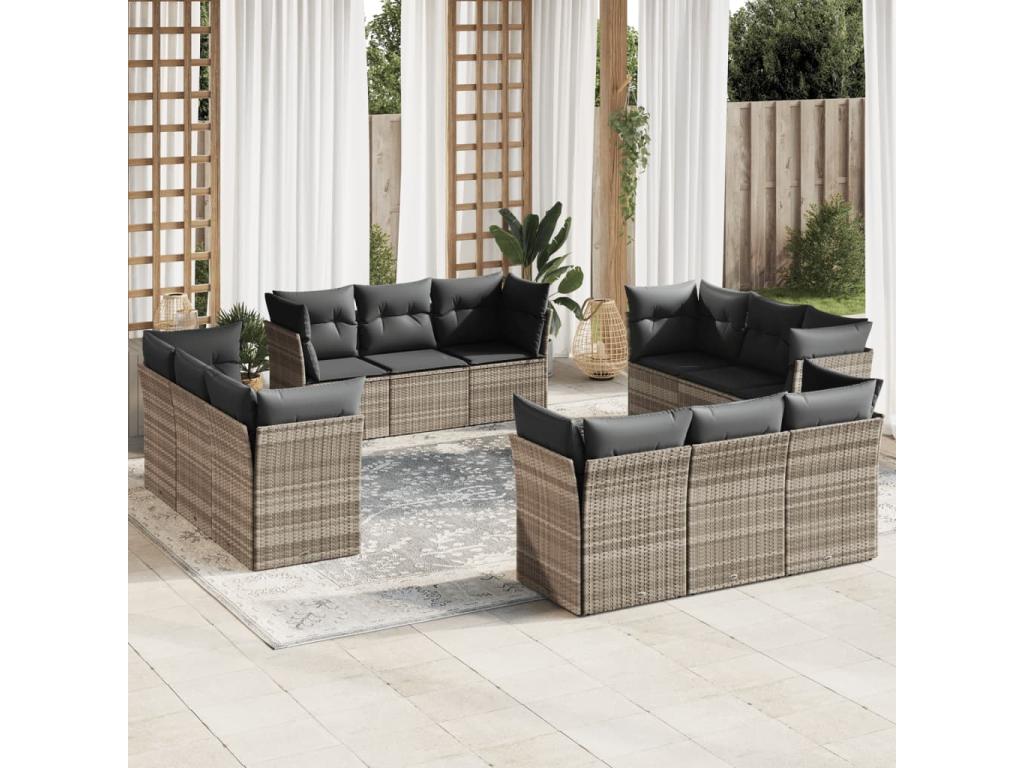 12-piece garden furniture set with cushions, light grey woven resin