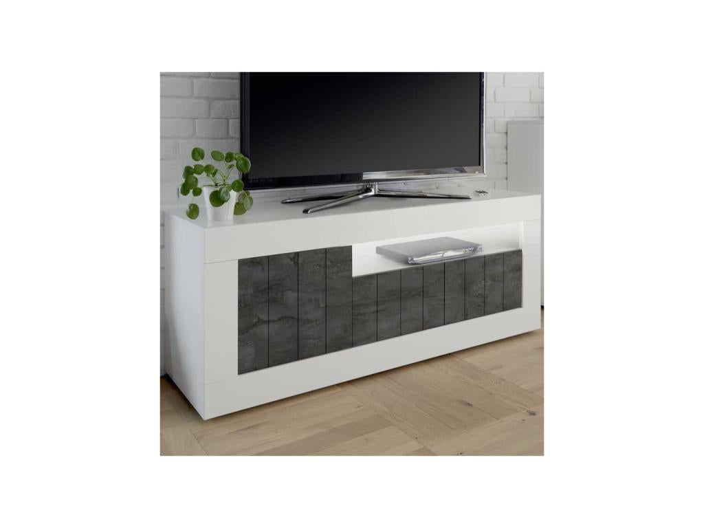 3-Door TV Stand, White/Dark Polished Concrete - Homzora