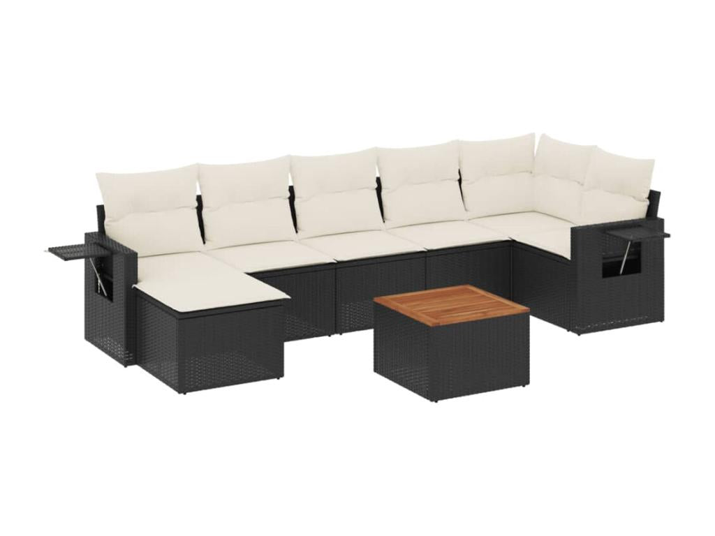 8-piece garden furniture set with cushions, black woven resin