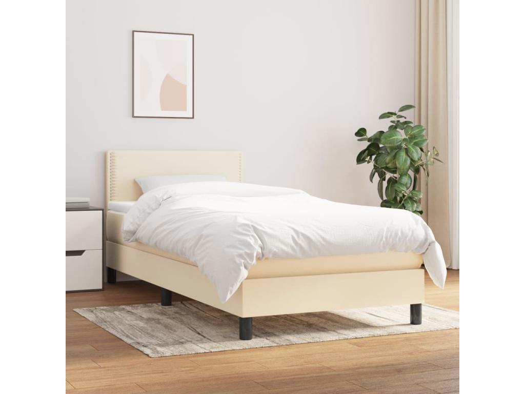 Upholstered bed base with mattress, Cream, 100x200 cm, Fabric