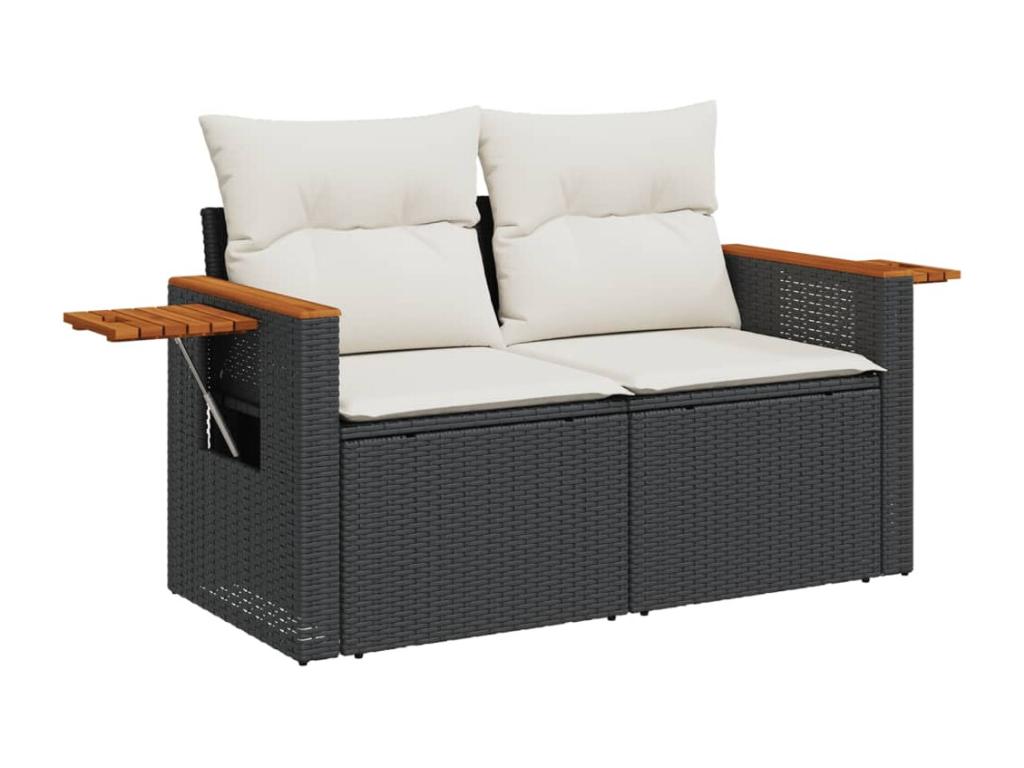9-piece garden furniture set with cushions, black woven resin