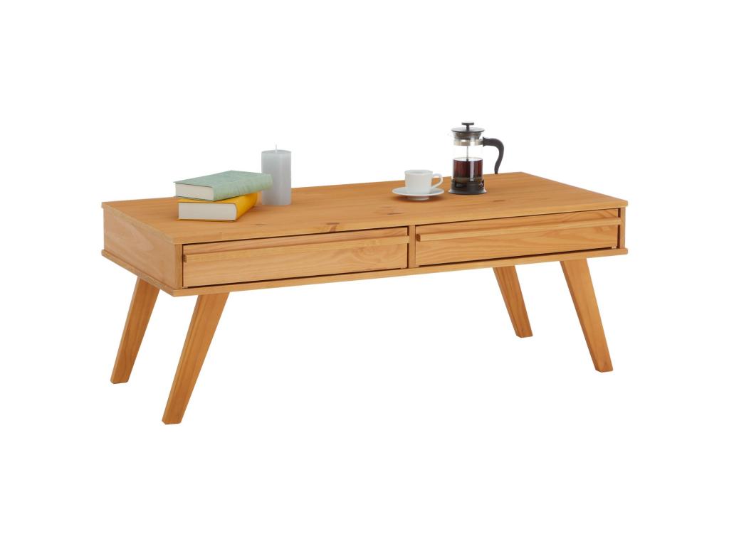 Homzora Scandinavian style coffee table, rectangular living room table with 2 drawers in solid brown stained pine