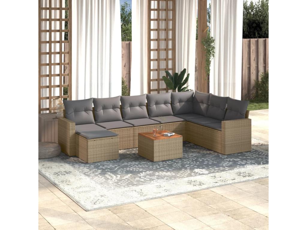 Garden furniture set with cushions, 9 pieces, méHomzora beige woven resin