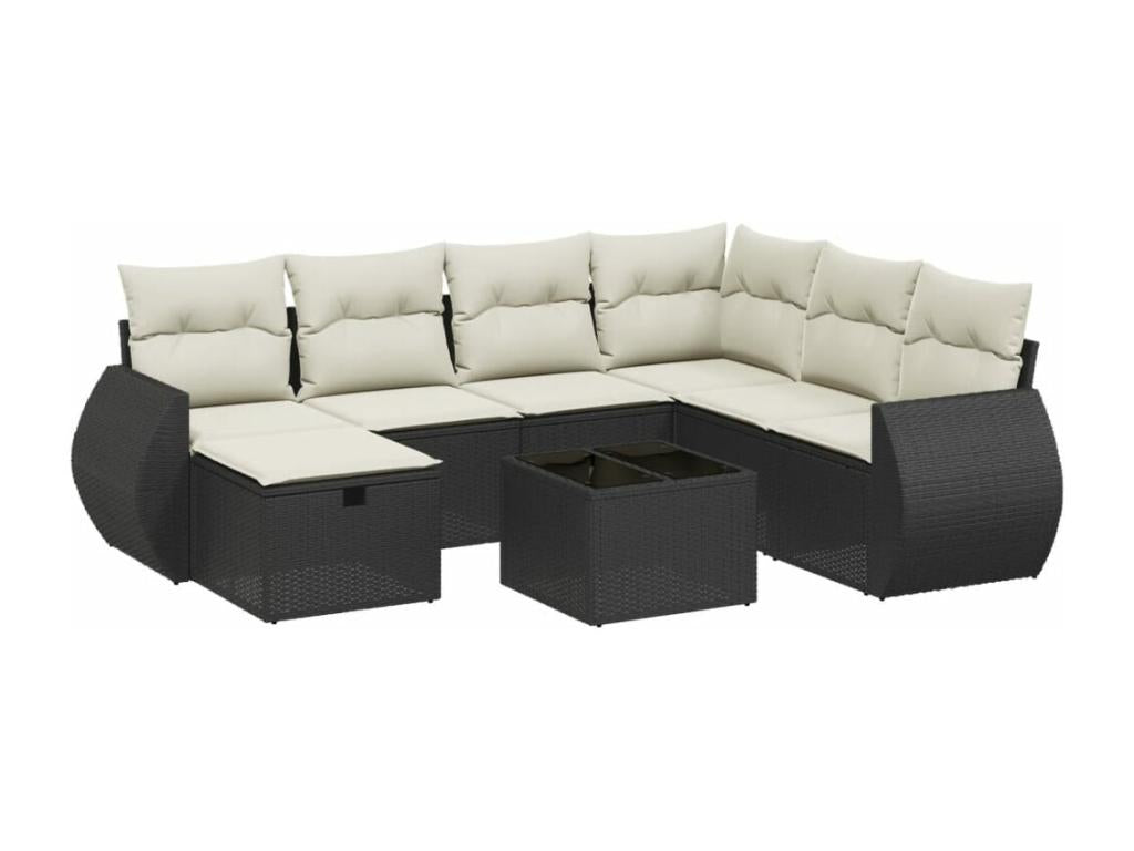 8-piece garden furniture set with cushions, black woven resin