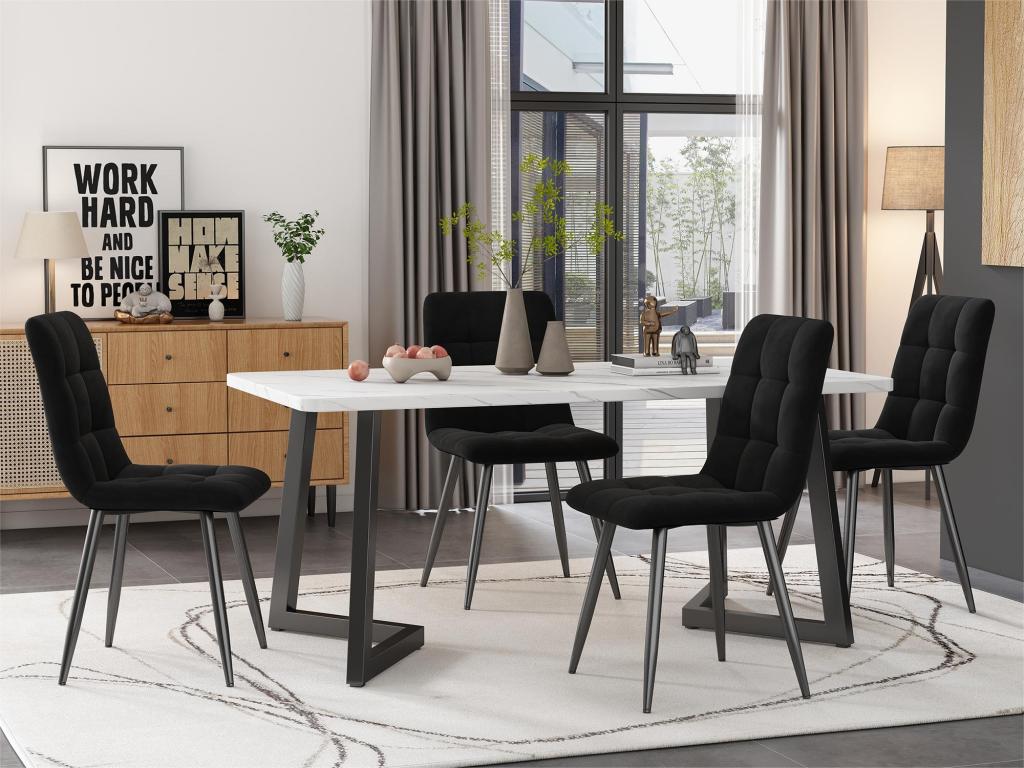 Dining table - marble effect top - black metal legs - 117x68cm - White / Black