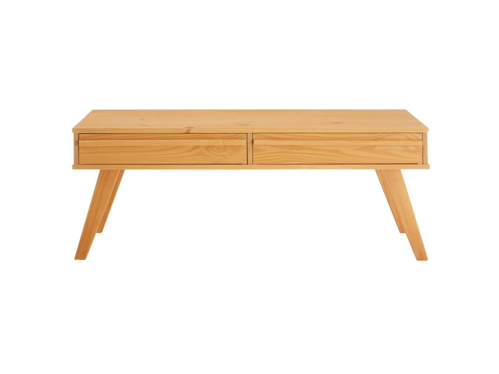Homzora Scandinavian style coffee table, rectangular living room table with 2 drawers in solid brown stained pine