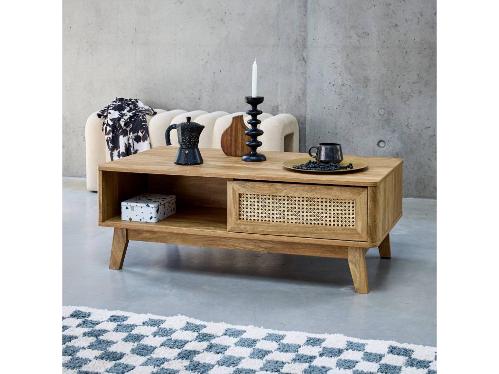 Coffee table with 2 niches - 1 sliding door - wood and cane effect - eucalyptus legs