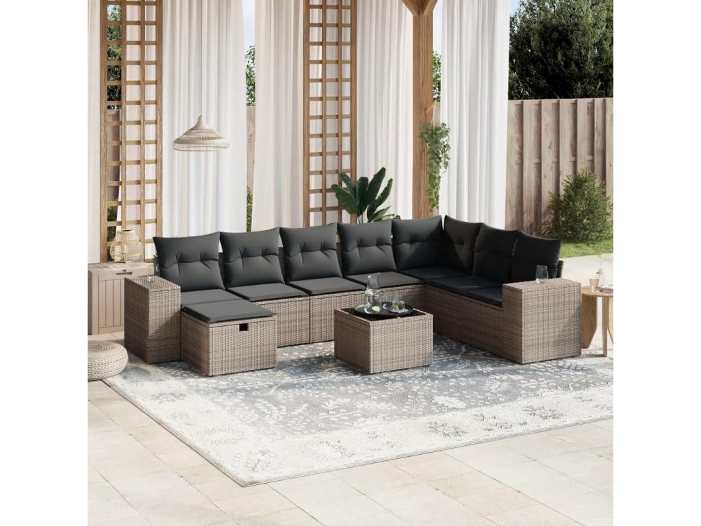 9-piece garden furniture set with grey resin wicker cushions