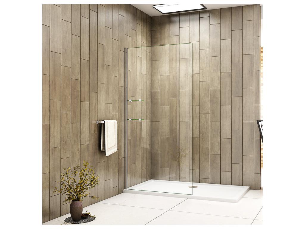 Walk-in shower screen, 90cm wide x 190cm high, with 2 shelves - Clear tempered glass