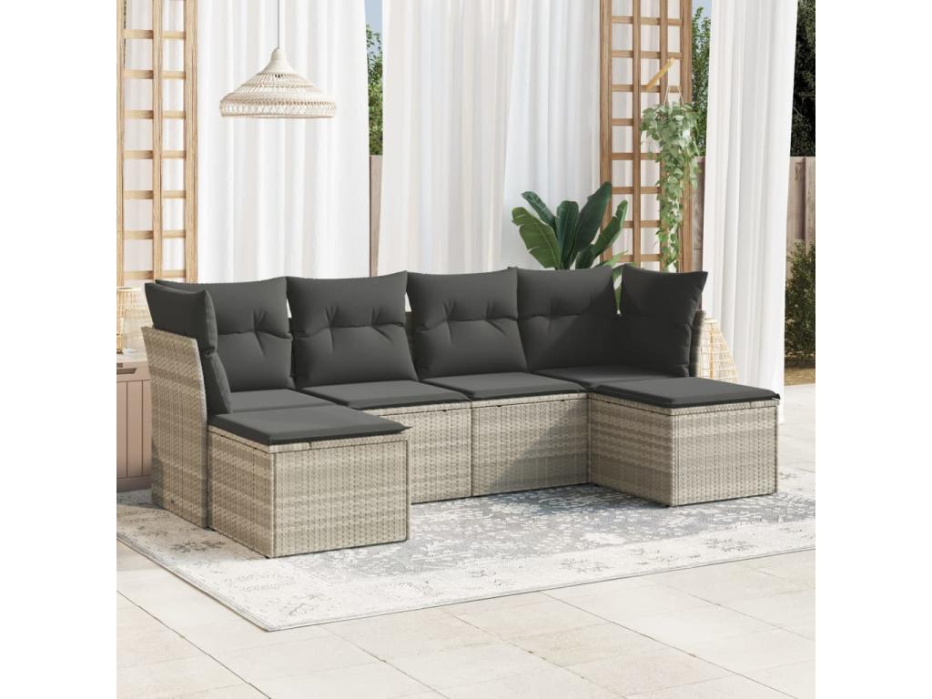 6-piece garden furniture set with light grey cushions, woven resin
