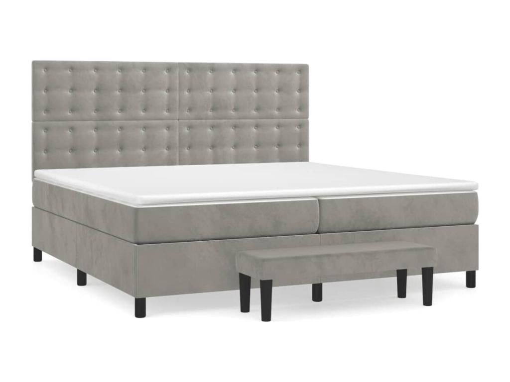 Upholstered bed base and mattress, light grey, 200x200cm, velvet