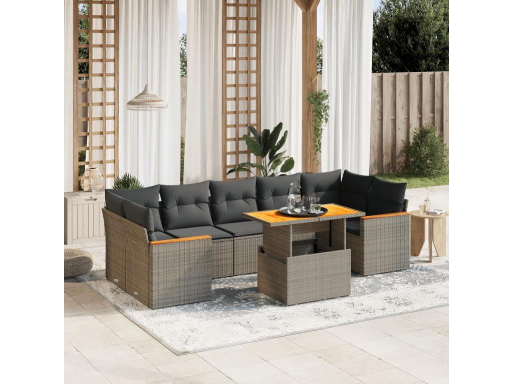 8-piece garden furniture set with grey resin wicker cushions
