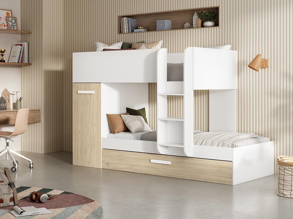Bunk beds with pull-out bed and storage, 3x90x190 cm - White and Natural - Homzora