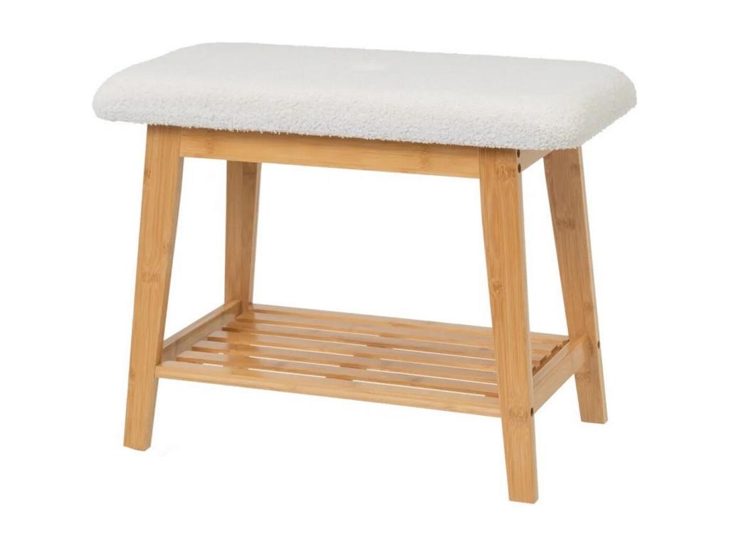 Doucezen wooden bench/stool in natural color and white fabric - Length 60 x Depth 30 x Height 45 cm