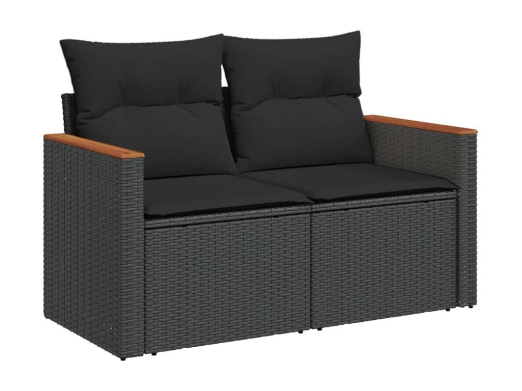 9-piece garden furniture set with cushions, black woven resin
