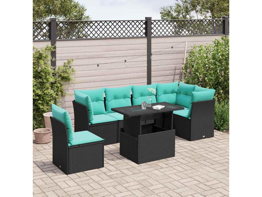 6-piece garden furniture set with cushions, black woven resin