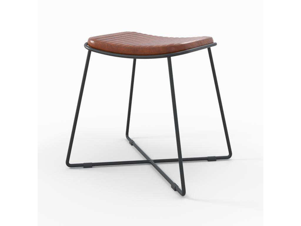 Brown leather stool with black metal legs - Homzora