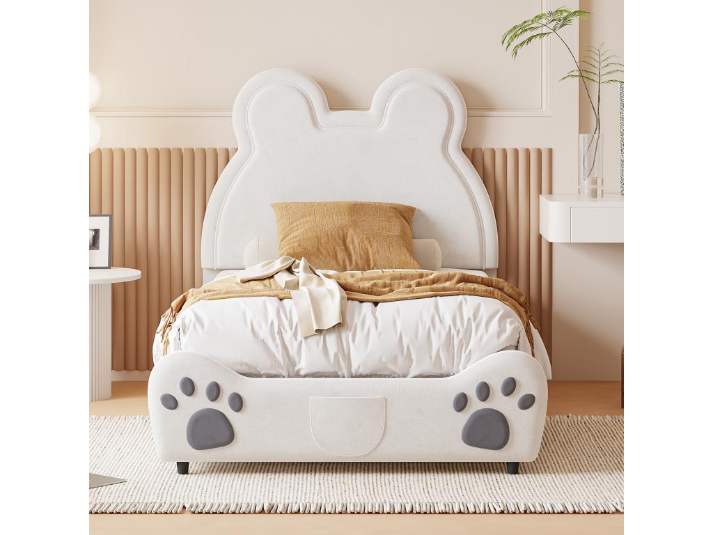 90x200cm Upholstered Bed, Beautiful Bear-Shaped Flat Single Bed in Velvet with Slatted Base and Headboard (Mattress Not Included) White