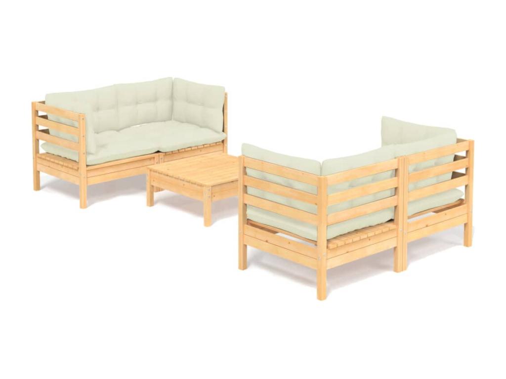 5-piece garden furniture set with cream cushions, pine wood