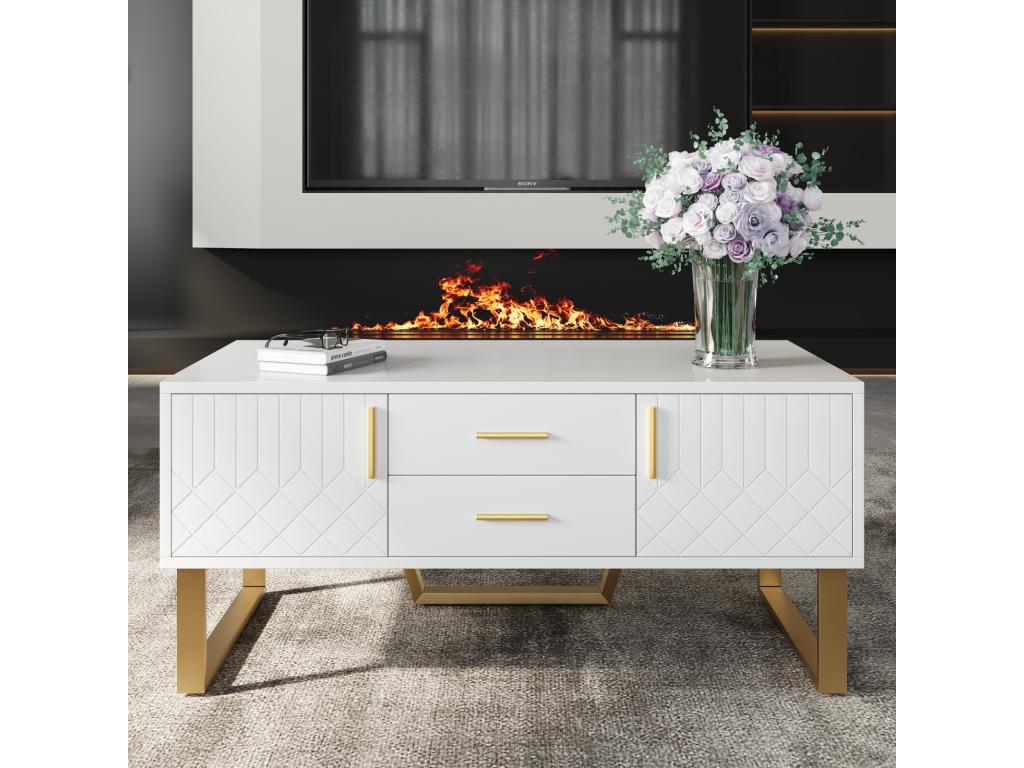 Glossy coffee table with 2 doors and 2 drawers, particleboard, 100x50x45cm, White