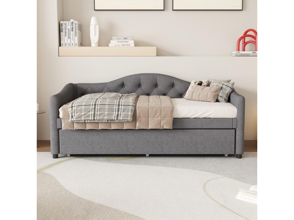 Trundle bed 90x200 cm, bed 90x190 cm, sofa bed - linen fabric - grey color, mattress not included