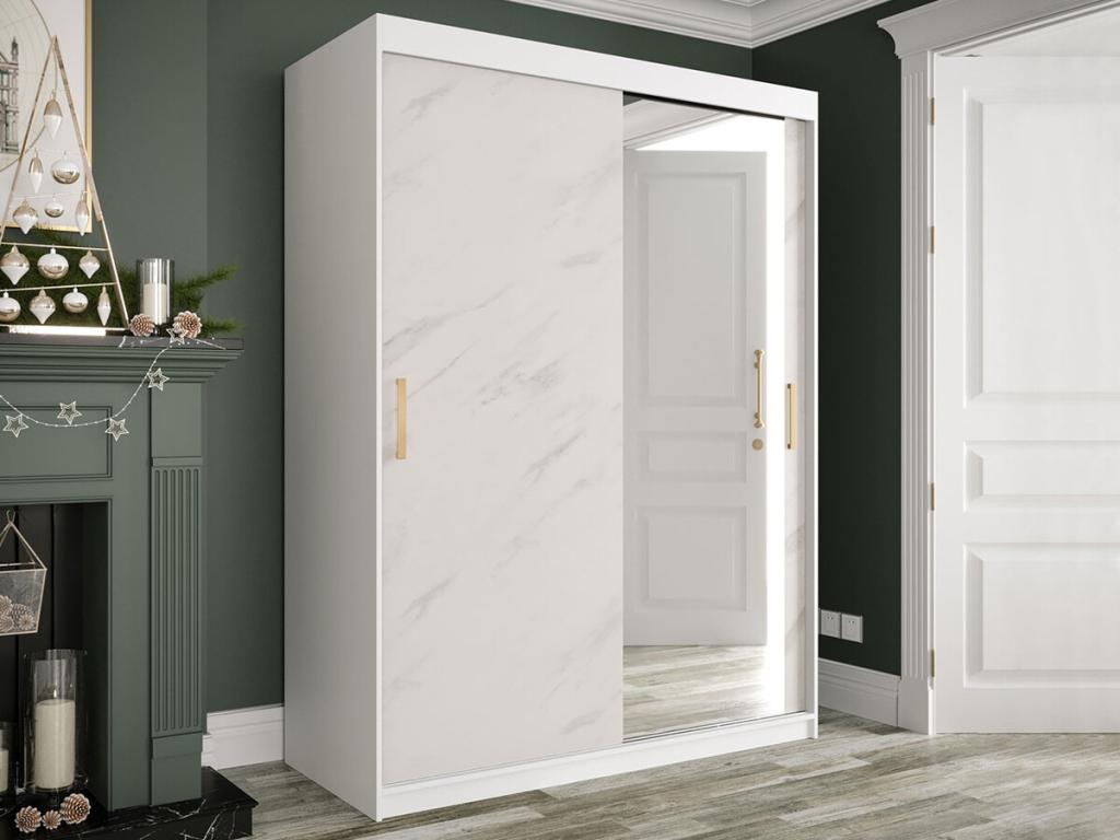 Homzora 260 White Marble Wardrobe - Matte White 200x150x62cm Sliding Wardrobe Doors
