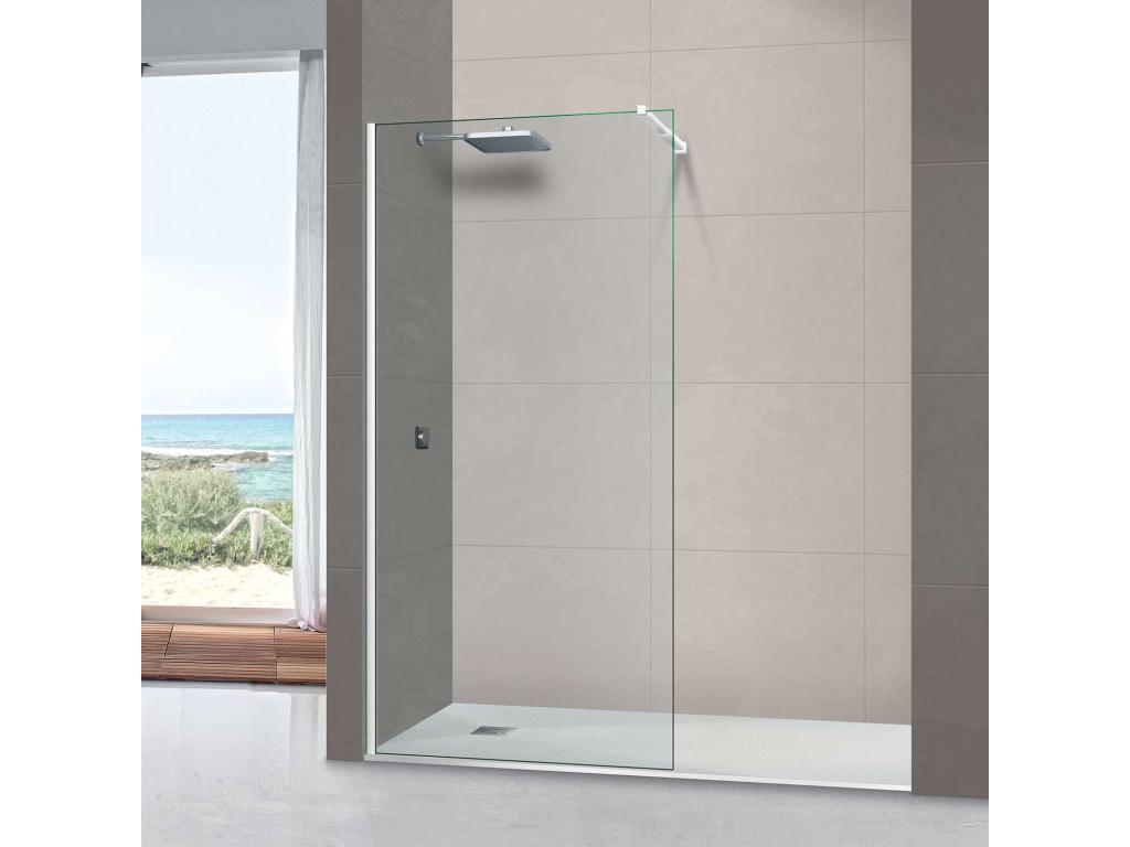 Fixed shower screen in 8mm thick clear safety glass with anti-limescale coating, 120cm wide x 195cm high, matte white profile, Homzora Mont Blanc CC