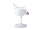 Glossy white armchair with red tulip petal fabric cushion