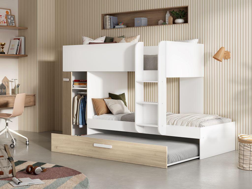 Bunk beds with pull-out bed and storage, 3x90x190 cm - White and Natural - Homzora