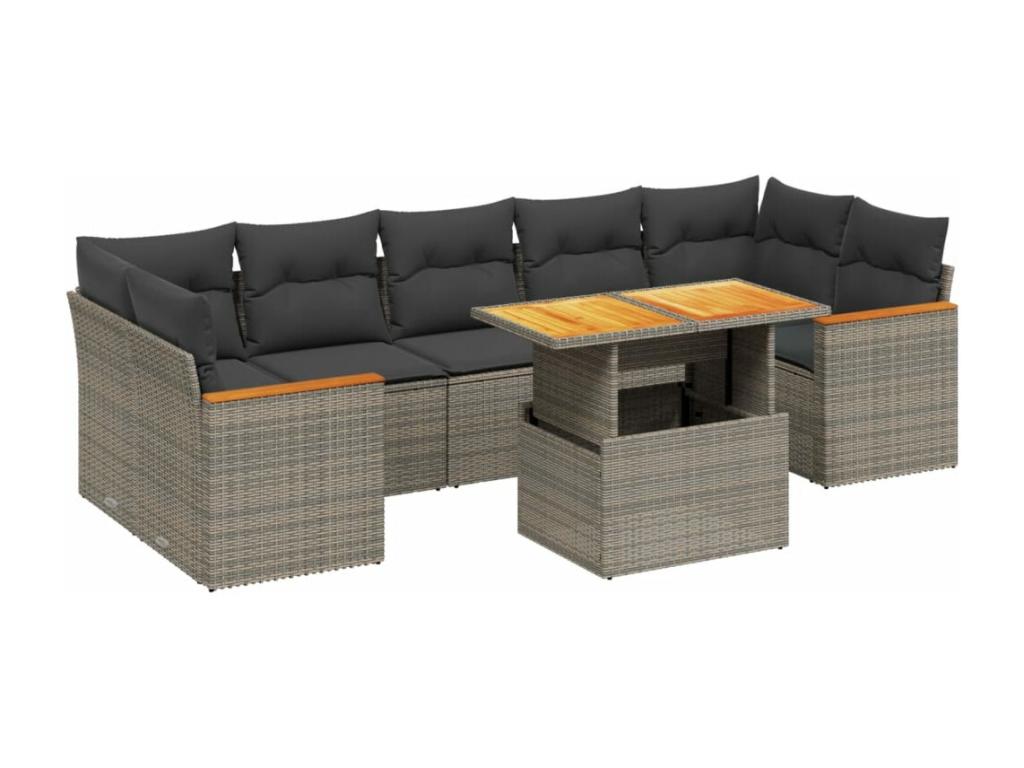 8-piece garden furniture set with grey resin wicker cushions