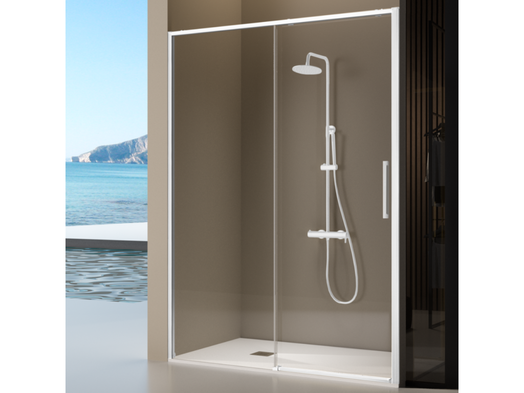 Homzora fixed shower screen with sliding door, matte white, 161-163.6 cm