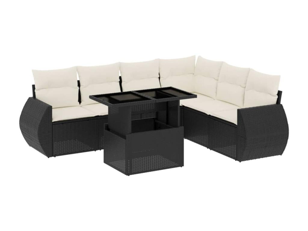 7-piece garden furniture set with cushions, black woven resin